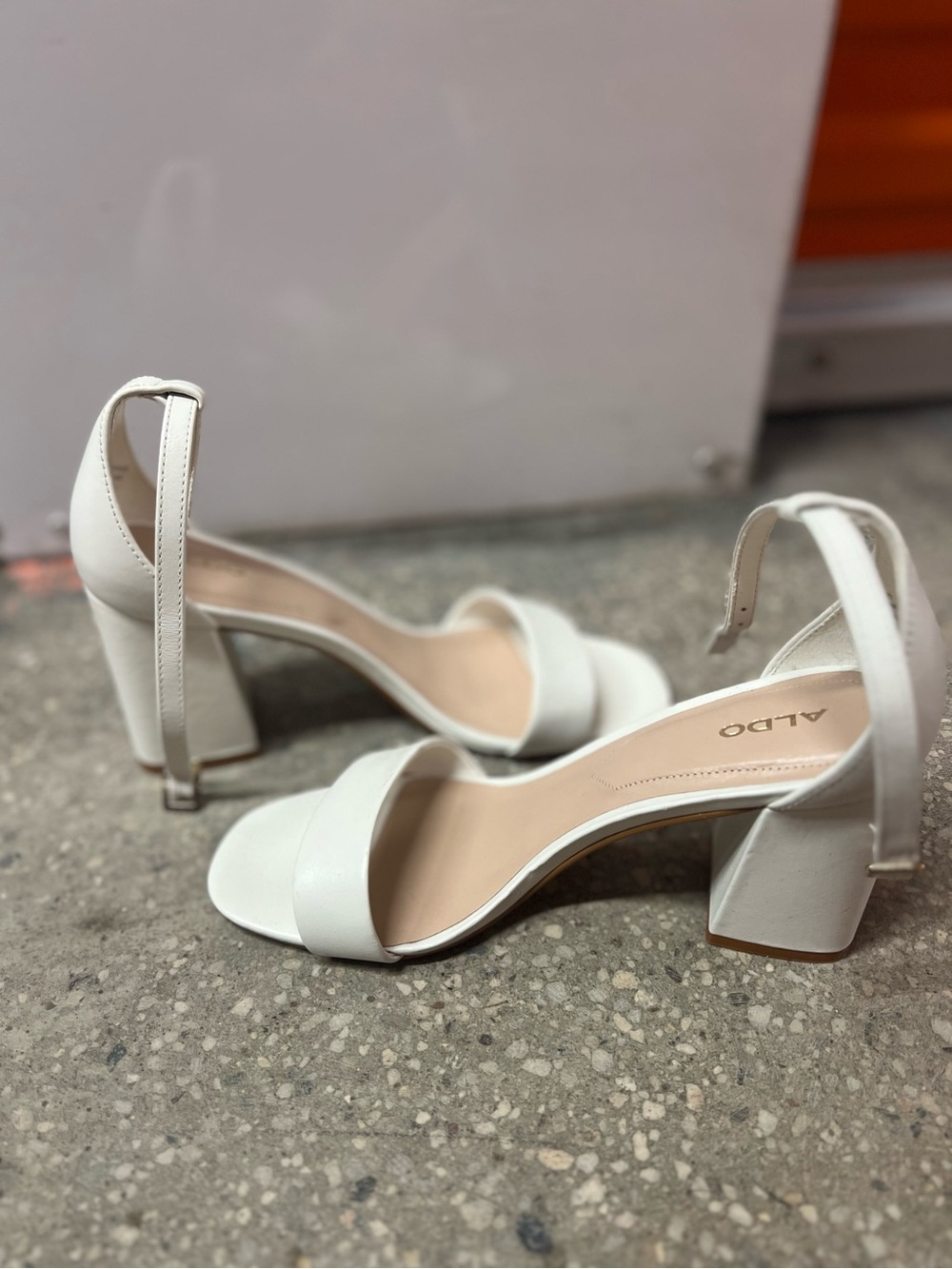 ALDO Women’s White Block Heel Ankle Strap Sandals in Size 6